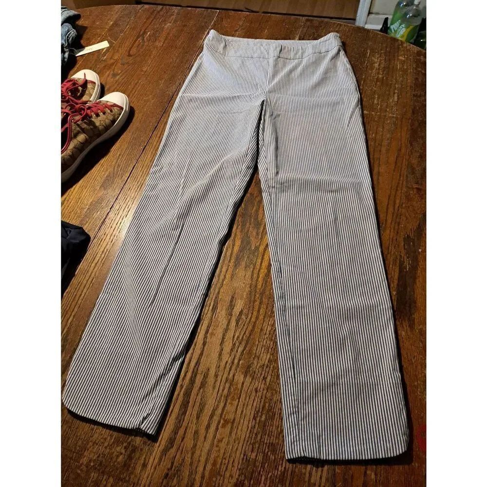 Joseph Ribkoff Womens Blue White Striped PullOn Stretch Pants Size 10 Ankle Slit